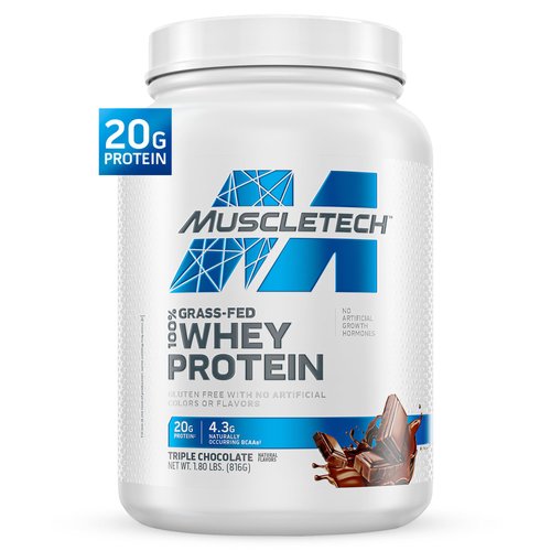 MuscleTech Grass Fed Whey Protein Powder for Muscle Gain, Growth Hormone Free, Non-GMO, Gluten Free, 20g Protein + 4.3g BCAA, Triple Chocolate, 1.8 lbs