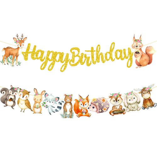 Woodland Animal Birthday Banner 2Pcs Woodland Creatures Banners Forest Animals Cutout Banners Woodland Birthday Party Decorations for kids Woodland Animal Themed Birthday Party Baby Shower Supplies