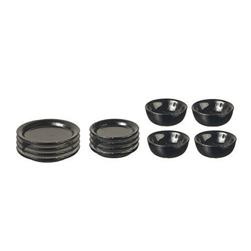 Melody Jane Dollhouse Black Plate & Dish Set Miniature Metal Dining Accessory