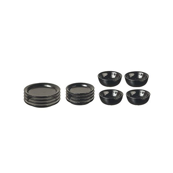 Melody Jane Dollhouse Black Plate & Dish Set Miniature Metal Dining Accessory