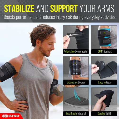 BLITZU Bicep & Tricep Tendonitis Brace Compression Sleeve. Upper Arm Brace Wrap Support Tendon Band for Pain Relief, Muscle Strains Recovery & Inflammation for Men & Women. Black L-XL