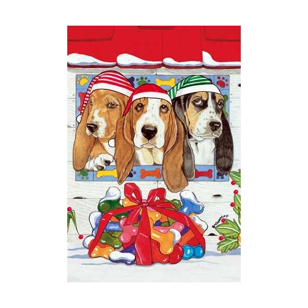 Pipsqueak Basset Hound Christmas Cards Santa Lookout : 10 Holiday Cards with Red Envelopes - ADORABLE!