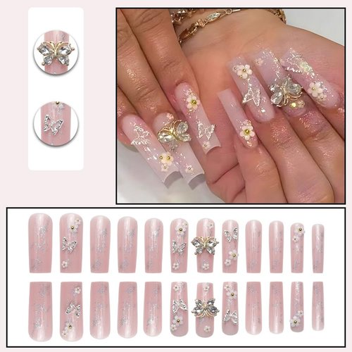 24 Pcs Pink Press on Nails Long Coffin Square - SHANRUN 3D Butterfly Glitter French Ballerina Fake Nails Press ons Nail Tips Full Cover Acrylic False Nail Art with Nail File Stick Jelly Glue on Nails