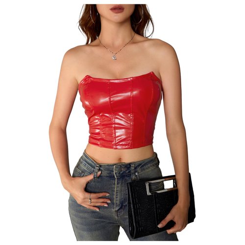 Milumia Women's PU Leather Bandeau Tube Top Strapless Bustier Corset Crop Top Red Small