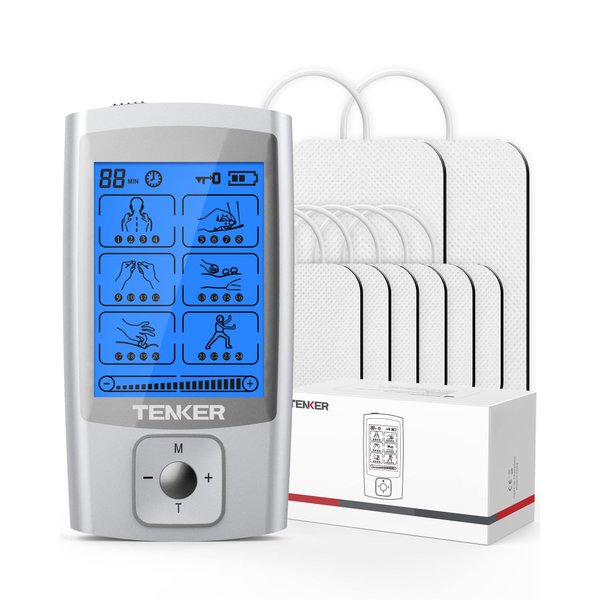 TENKER TENS Unit Muscle Stimulator, 24 Modes TENS EMS Machine for Pain Relief Therapy/Pain Management, Rechargeable Electronic Pulse Massager with 2"x2" and 2"x4" TENS Unit Electrode Pads