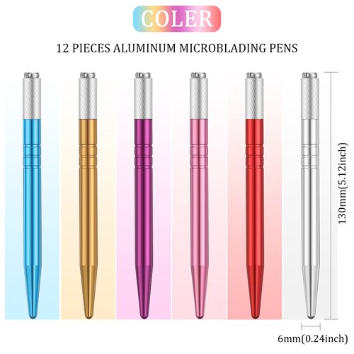 12 Pieces Microblading Pens Manual Tattoo Microblade Pen Manual Microblade Needle Holder Tattoo Machine Disposable Eyebrow Microblading Pens for Permanent Makeup Tattoo Supplies, 6 Colors