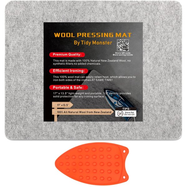 17''x13.5'' Wool Pressing Mat for Quilting, 100% Wool from New Zealand, Portable Felted Wool Ironing Mat with a Silicon Iron Rest Pad