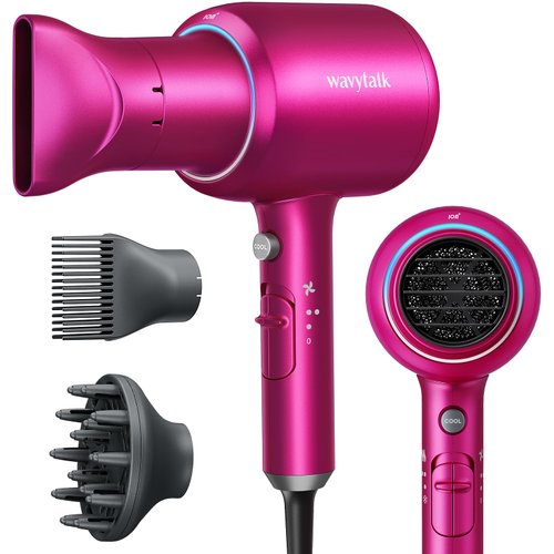 Wavytalk Negative Ions Hair Dryer Professional 1875 Watt Blow Dryer with Concentrator Diffuser and Nozzle Comb Fast Drying Light and Quiet with Ceramic Technology for All Hair Types Hot Pink
