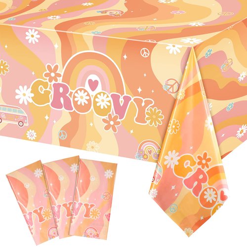 Tiamon 3 Pieces Rainbow Plastic Groovy Tablecloths Retro Hippie Table Covers for Rectangle Table,...