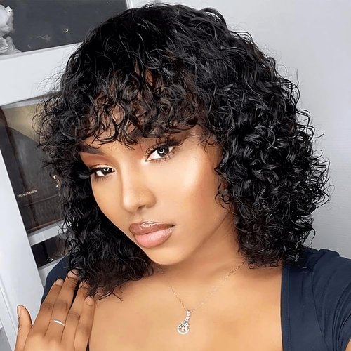 Mjiokii Human Hair Wig with Bangs for Black Women Glueless Short Water Wave Curly Bob Wigs Human Hair with Bang 180% Density None Lace Wavy Bang Wig 100% Brazilian Virgin Hair Natural Black 12 Inch