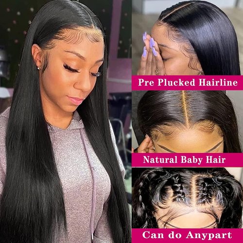 daparo Straight Lace Front Wigs Human Hair Pre Plucked 13x4 HD Transparent Lace Frontal Wigs Human Hair with Baby Hair 180% Density Glueless Human Hair Wigs for Women Natural Black 30inch