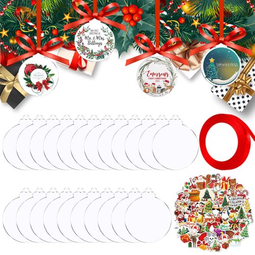 Acrylic Ornaments Blanks, 50Pcs Acrylic Blanks & 50Pcs Stickers, DIY Christmas Ornaments, Blanks Ornaments with a Red Roll Ribbons for Christmas Tree Decoration(4 Inch)