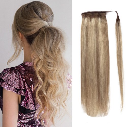 Munx Hair Extensions Ponytail Extensions Human Hair Balayage Omber Ash Brown to Beige Blonde with Platinum Blonde 18inch 80g Wrap Around Ponytail Remy Hair Extensions with Magic Paste