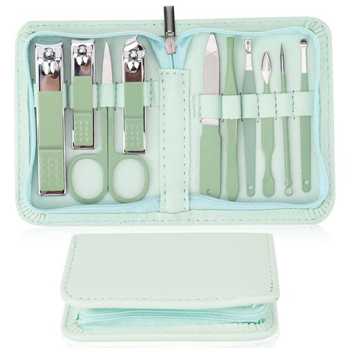 Nail Clipper Set 10-Piece Set, Stainless Steel Professional Beauty Decoration Set, Portable Green Ten-Piece Set, Home Travel Must-Have