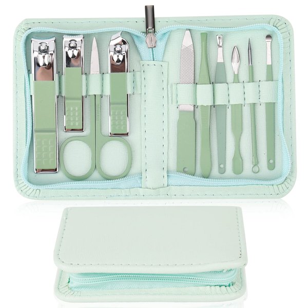 Nail Clipper Set 10-Piece Set, Stainless Steel Professional Beauty Decoration Set, Portable Green Ten-Piece Set, Home Travel Must-Have
