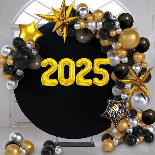 2025 New Year Balloon Garland Arches Kit, New Years Eve Decorations 2025 Happy New Year Balloon Black Gold Balloon for New Year Party Supplies