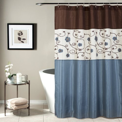 Lush Decor Blue Royal Garden Shower Curtain | Fabric Floral Color Block Stripe Neutral Bathroom Decor, 72" x 72", 72 inch x 72 inch