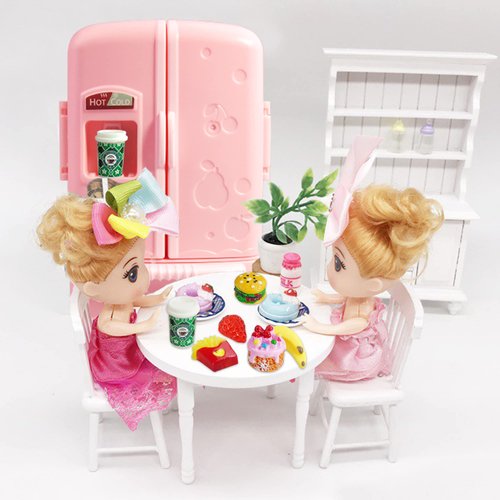 Mini Dollhouse Fridge Miniature Dollhouse Refrigerator Mini Fridge Toy with Food Mini Toy Refrigerator Kids Play Kitchen Furniture Toy Set