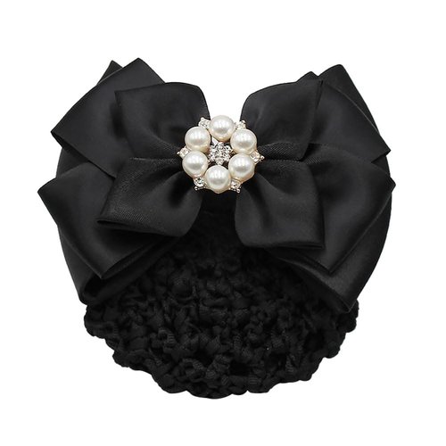 Bowknot Decor Snood Net Barrette Hair Clip Bun Cover Pearl Rhinestones Hairnet Bow French Hair Cl...