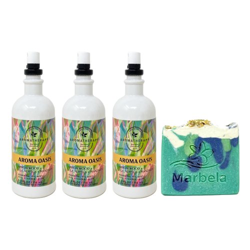 Bath & Body Works Aromatherapy Aroma Oasis Sandalwood + Eucalyptus + Mandarin 3 Pack Essential Oil Mist Bundle with an Aloe Vera Bar Soap - Full Size
