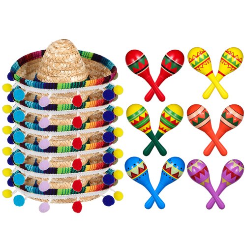 Honoson Wooden Fiesta Maracas Mini Sombrero Top Hat for Kids Festival Mexican Party Decorations (Fresh Style, 18 Pcs)