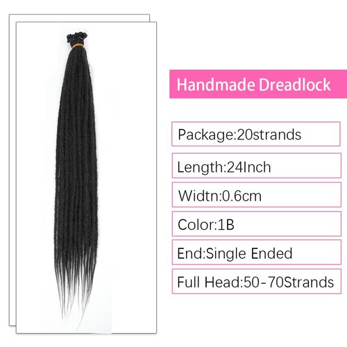 Thin Dreadlock Extensions 24 Inch 20 Strands Soft Natural Black 0.6 cm Width Hair Loc Extensions Reggae Style Hair Crochet Braiding Hair for Women and Men
