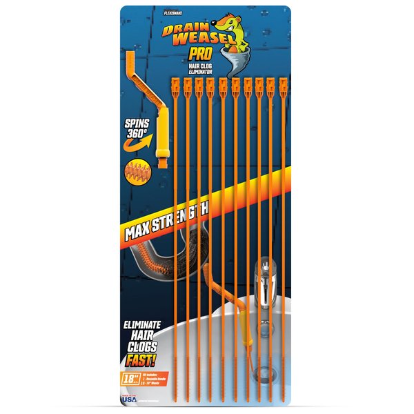 FlexiSnake Pro Drain Weasel Sink Snake Hair Clog Remover Tool, Sink, Pipe, Bathroom, Bathtub Drain Cleaner, 18-inch Long, Flexible, Made in The USA, 10 Pack Reusable Wands and Removable Handle