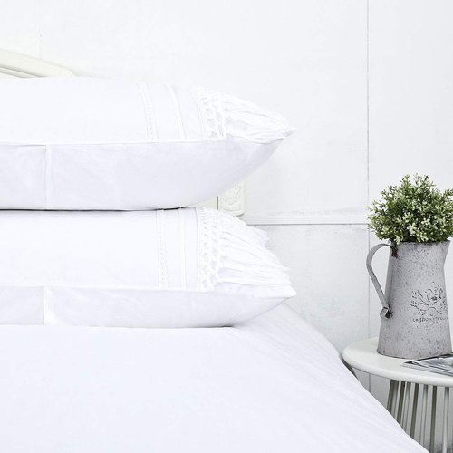 Boho Pillow Shams Standard White Tassel Pillowcase Macrame Set of 2 Fringe Crochet Decorative Tufted Cute Elegant Pretty 100% Cotton Romantic 20x26 Pillow Cover