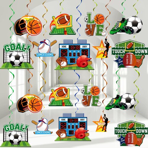 Gueevin 60 Pcs Sports Theme Party Decorations Hanging Ball Swirl Decorations Soccer Baseball Basketball Football Party Decorations Sports Party Decorations for Sport Theme Birthday Home Party Supplies