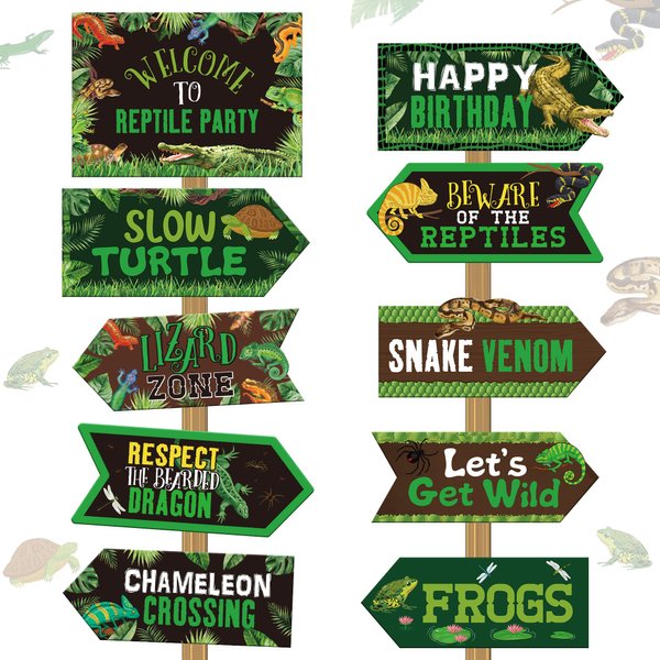 20 Pieces Reptile Birthday Party Decorations Lizard Snake Turtle Alligator Themed Directional Sign, Jungle Wild Yard Sign for Boy Girl Kid Decorations Party Sign, 10 Styles