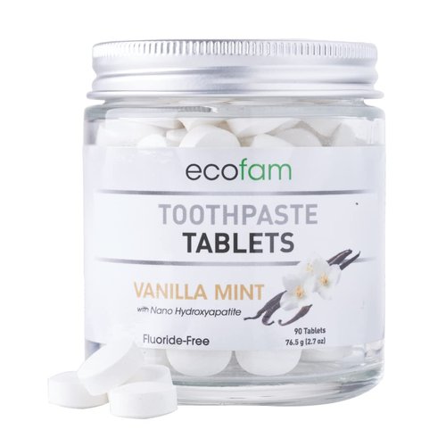 EcoFam Vanilla Mint Chewable Xylitol Toothpaste Tablets - 90 Count, Fluoride-Free, SLS-Free, Vegan-Friendly, Made in USA