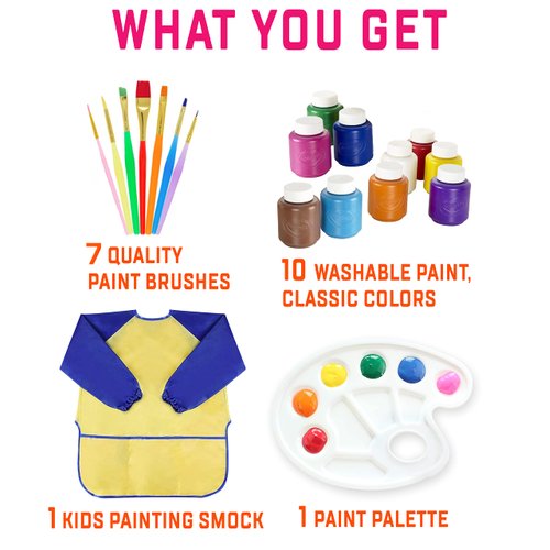 Washable Kids Paint Set 10 ct, 7 Paint Brushes for Kids, Paint Pallet, Toddler Smock – Washable Paint for Kids, Kids Paint Supplies Washable Paint