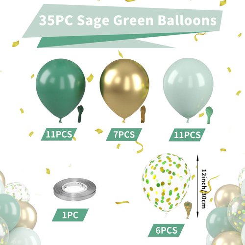 Sage Green Gold Balloons, Light Green Gold Balloons Mint Green Balloons Green Gold Balloon Confetti Balloons for Jungle Safari Baby Shower Decorations Boys Birthday Graduation Wedding Party Supplies