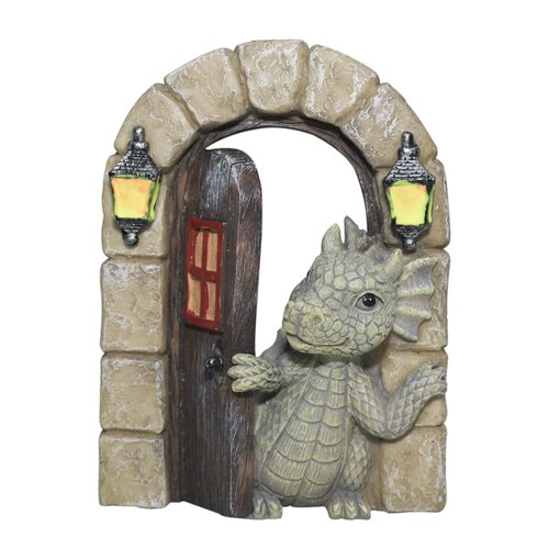 SHOWFEICAT Dragon Garden Ornament Resin Craft Ornament Statue Fairy Door Yard Art Outdoor and Garden Solar Light Luminous Sand Open Door Dragon Wall Statue Outdoors Decor (Open The Door)