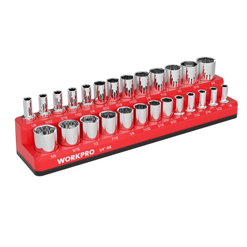 WORKPRO Magnetic Socket Organizer, 1/4-Inch SAE Socket Holder, Socket Trays Holds 26 Pieces Standard Size and Deep Size Sockets(Socket not Included)