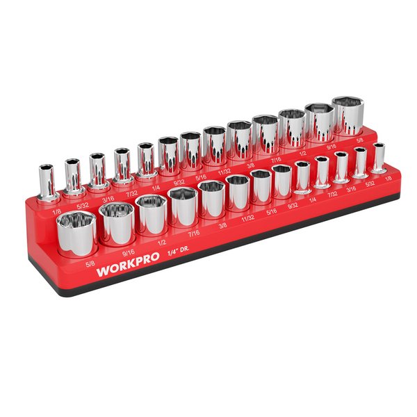 WORKPRO Magnetic Socket Organizer, 1/4-Inch SAE Socket Holder, Socket Trays Holds 26 Pieces Standard Size and Deep Size Sockets(Socket not Included)
