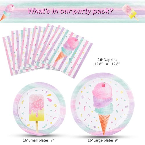 WERNNSAI Ice Cream Plates and Napkins - Ice Cream and Popsicle Theme Party Supplies for Girls Birthday Disposable Tableware Dessert Plates Luncheon Napkins Serves 16 Guests 48PCS