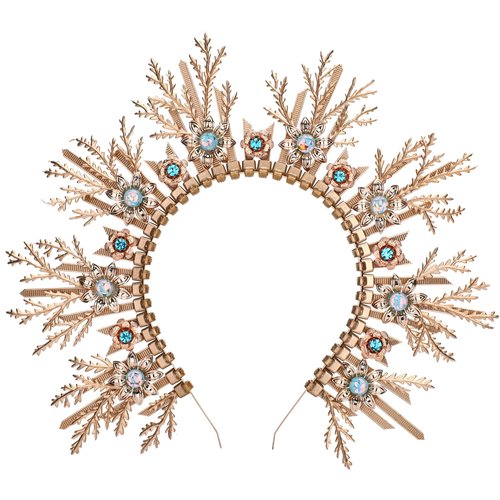 COSUCOS Fantasy Halo Crown Headpiece - Renfaire Gold Leaves Goddess Zip Tie Headband Forest Princess Headwear for Woman Boho Wedding Tiara Blue Rhinestone Festival Costume for Renaissance