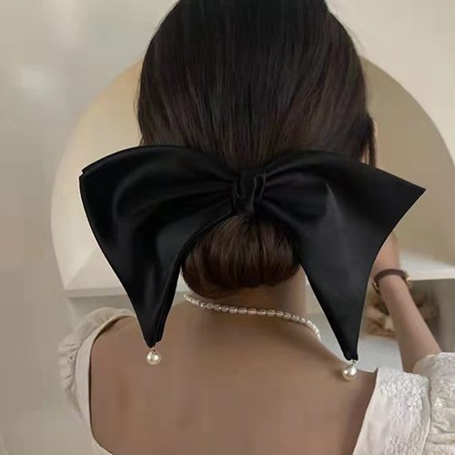 BUAJIUBUA Big Bow Hair Clip for Women Pearls Hair Clip Hair Pieces (black)
