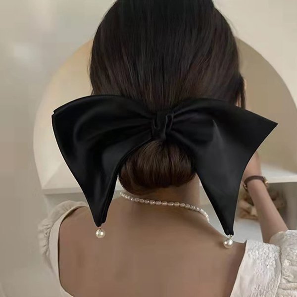 BUAJIUBUA Big Bow Hair Clip for Women Pearls Hair Clip Hair Pieces (black)