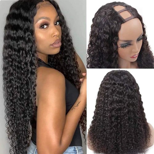 U Part Wig Human Hair Brazilian Deep Wave U Part Wigs for Black Women Virgin Remy Deep Curly Human Hair Wigs Glueless Full Head Clip in Half Wig U Shape Wig 150% Density Natural Color (24 Inch)