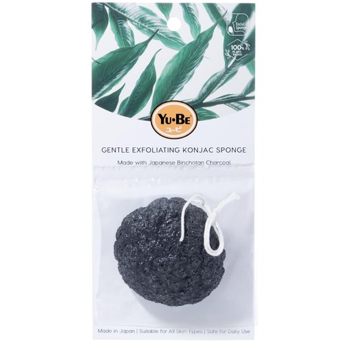 Yu-Be Charcoal Konjac Sponge - Gentle Japanese Facial Exfoliator & Cleanser for Sensitive, Oily, & Acne-Prone Skin | Natural, Vegan, & Organic | Eco-Friendly & Reusable | Softens & Refreshes Dull Skin