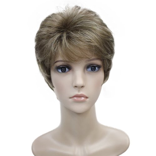 Wigsinway Short Synthetic Wigs Golden Brown Mix Color Fluffy Straight Full Bang Capless Heat Resistant Fiber Wigs for Women