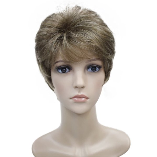 Wigsinway Short Synthetic Wigs Golden Brown Mix Color Fluffy Straight Full Bang Capless Heat Resistant Fiber Wigs for Women