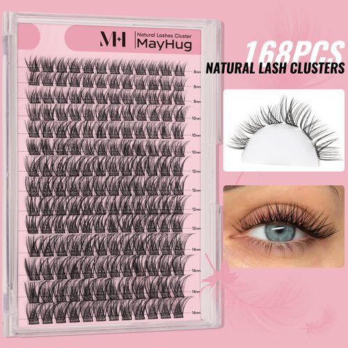 Mayhug Natural Lash Clusters - 8-14mm Mix Length Cluster Eyelash Extensions, 168PCS Wispy Lash Clusters with Thin Band, Soft Reusable Eyelash Clusters Easy to Use at Home (Casual)