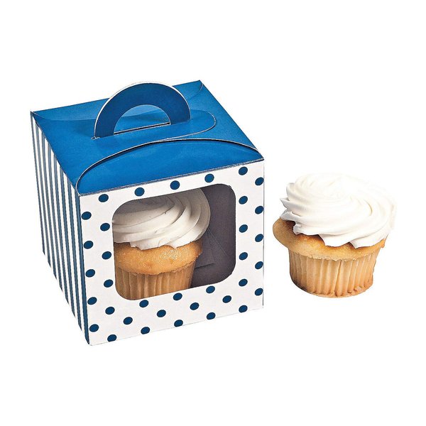 Fun Express - Blue Polka Dot Cupcake Box W/handle - Party Supplies - Containers & Boxes - Paper Boxes - 12 Pieces