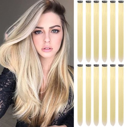 GPOVVIMX 12 PCS Blonde Hair Extensions Clip in, Colored Party Highlights Extension for Kids Girls Synthetic Hairpiece Straight 22 inch