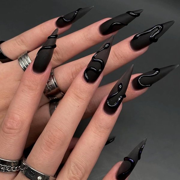 Long Press on Nails Almond Shape Fake Nails RIICFDD Stiletto False Nails Black Matte Nails Press ons 5D Terror Snake Designs Acrylic Nails Full Cover Reusable Glue on Nails for Women and Girls 24 Pcs