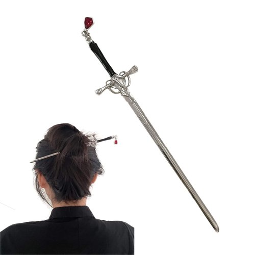 Hair Chopsticks,Comics Chinese Style Hair Pin Sword Hair Sticks for Bun with Tassel Red Gem Hair Accessories for Women Girls Long Hair One Size