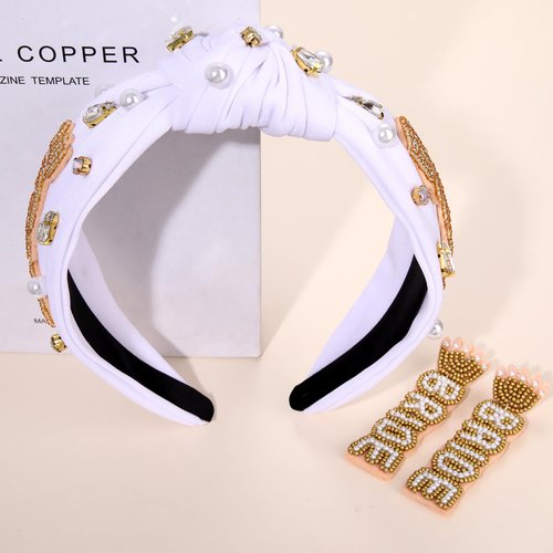 Bride Headband for Women Bachelorette Party Decorations Beaded Bride Knotted Headband Embellished Crystal Pearl Wide Top Knot Headband Bridal Shower Wedding Hair Accessories Party Gifts (Bride A)